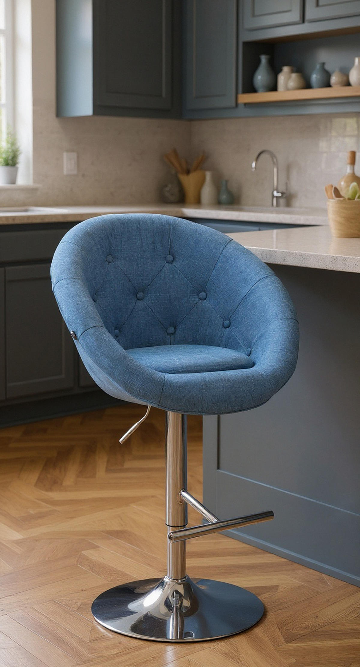 BARHOCKER Landern Stoff chrom blau - Blau/Chromfarben, Textil/Metall (65/128/57cm) - TPFLiving
