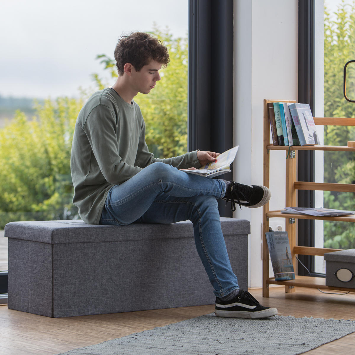 FALTBARE Sitzbank - Anthrazit, Holzwerkstoff/Textil (38/38/114cm) - Relaxdays