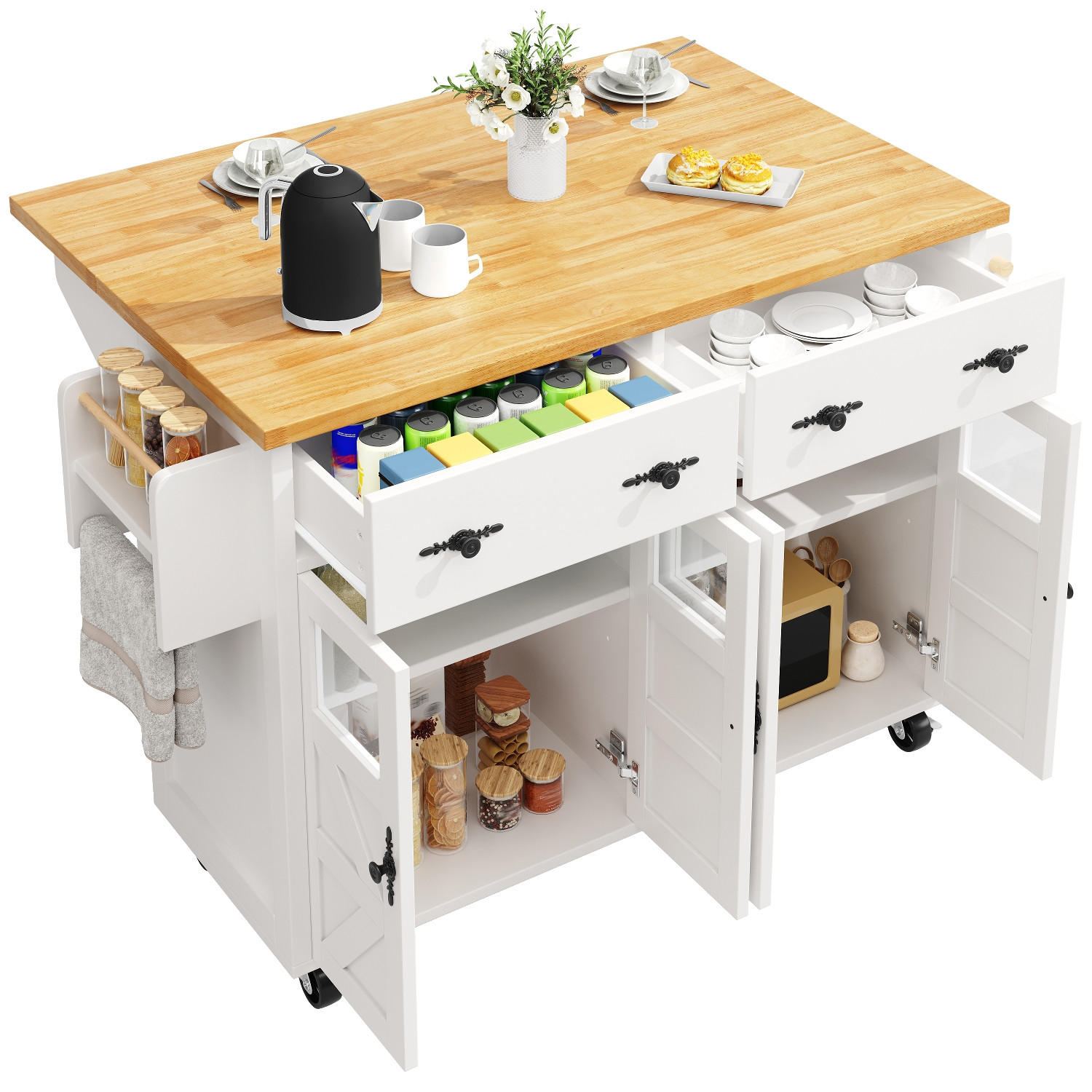 KÜCHENINSEL Mit Rollen, Multifunktionaler Servierwagen, Für Esszimmer, 140/73/93,5 cm - Weiß, Holzwerkstoff (73/93.5/140cm) - Rolipo