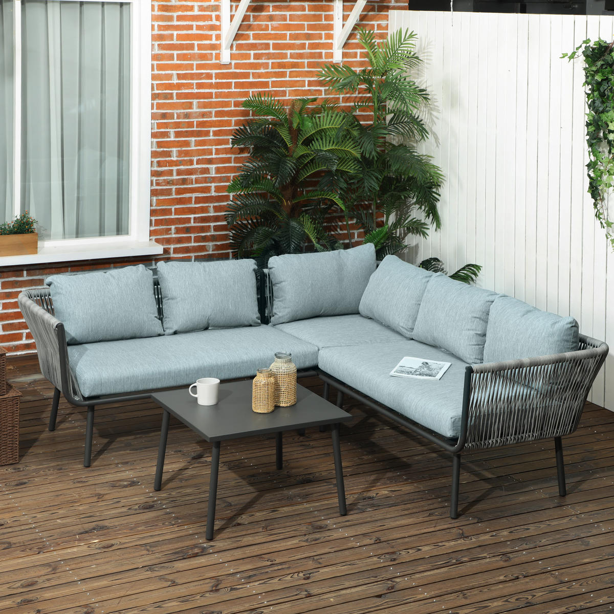 RATTAN GARTENMÖBEL-SET DE-06695 für 4 Personen, mit Kissen Grau - Blau/Grau, Kunststoff/Metall - ComfortXL