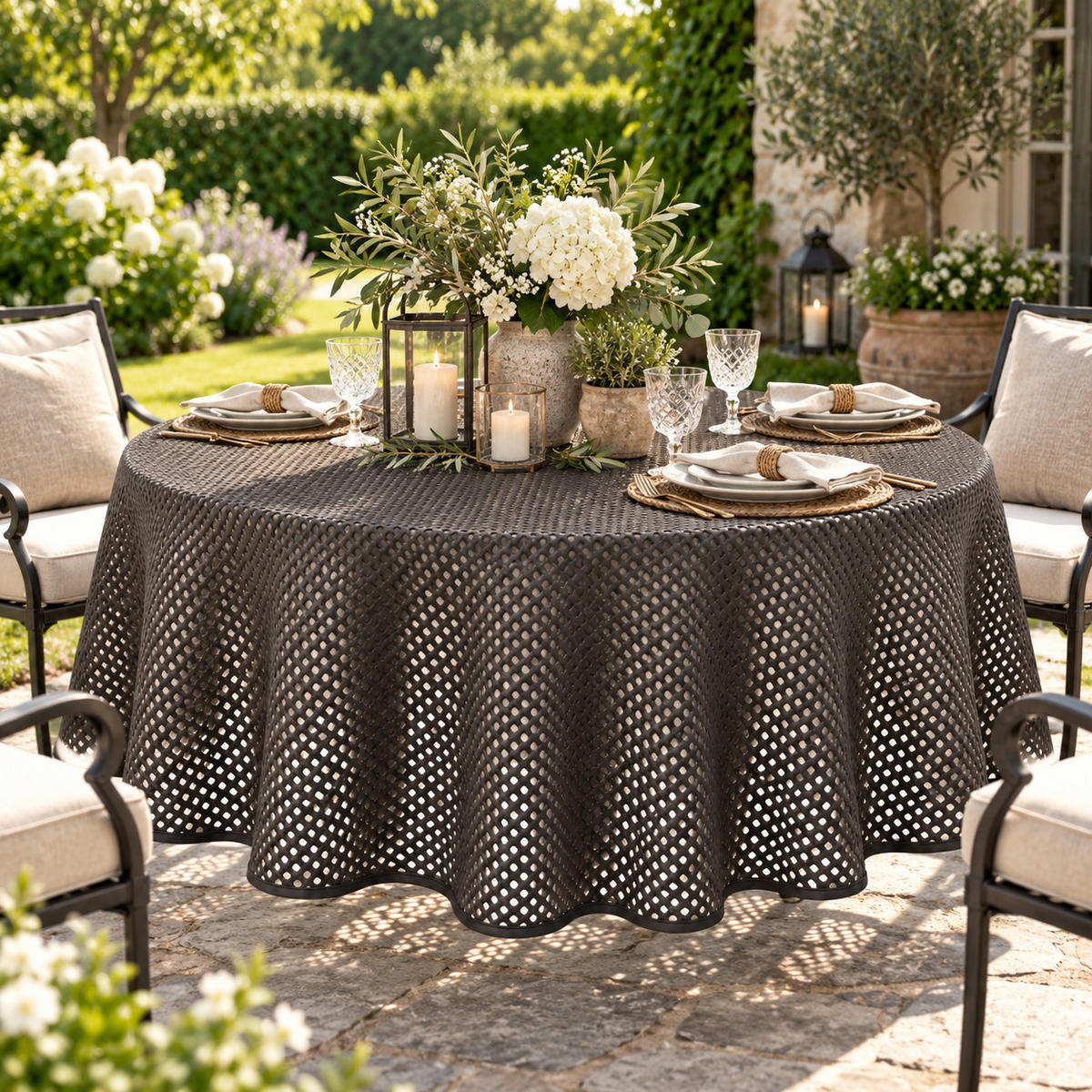 TISCHDECKE Gartentischdecke Karo Anthrazit 140 cm rund - Anthrazit, Kunststoff (140cm) - TiborTex