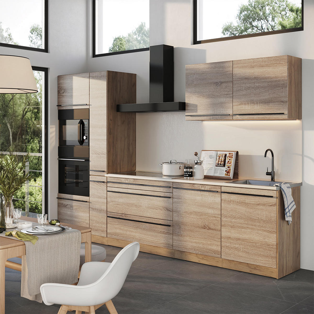 KÜCHENZEILE R-Line, Sonoma/Goldkraft Eiche, 310 cm Arbeitsplatte Marmor - Honigeiche/Sonoma Eiche, Holzwerkstoff (310/206.8/60cm) - Vicco