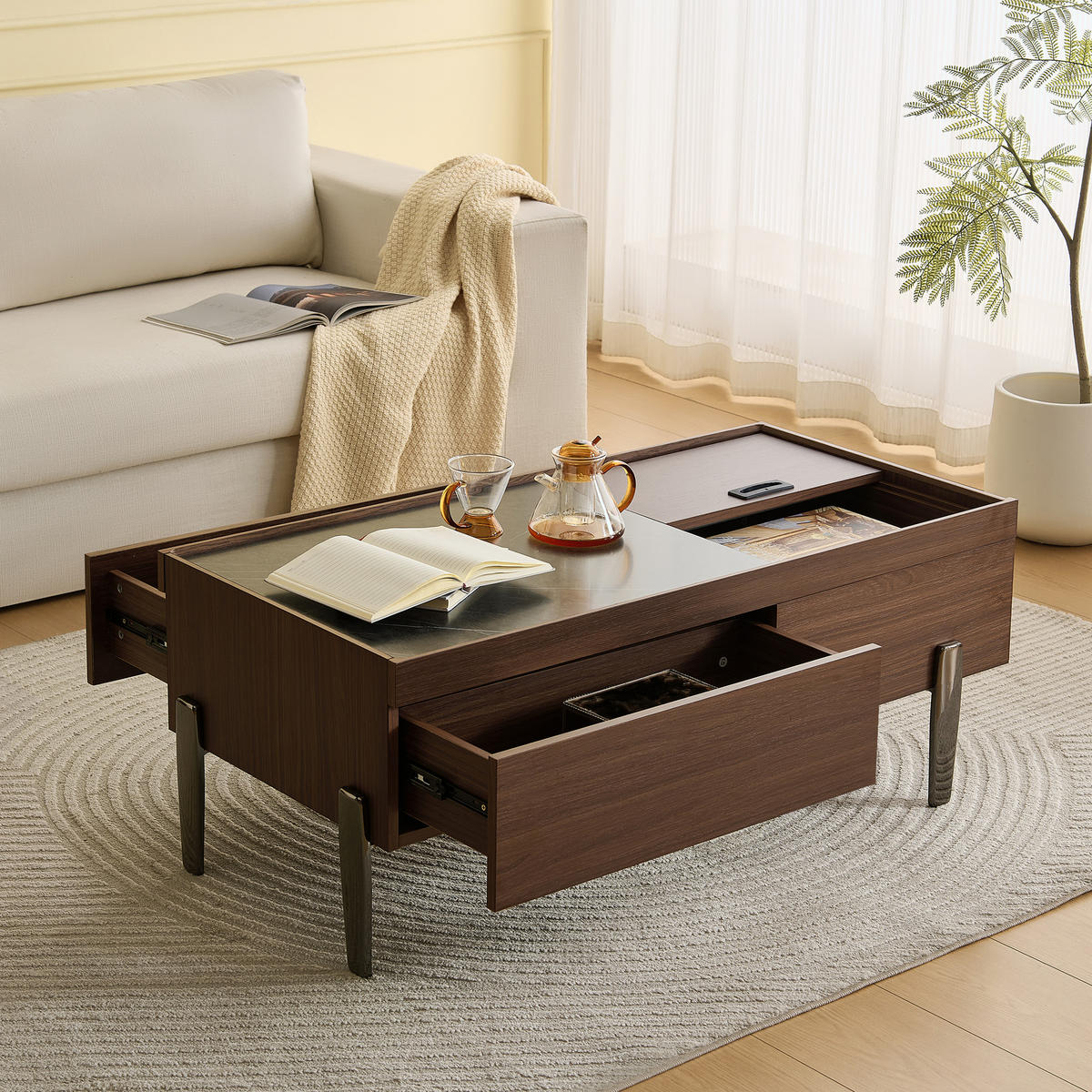 COUCHTISCH Glasplatte Stauraum Holzoptik - Braun, Holz (50/105/41.5cm) - LEBENLANG
