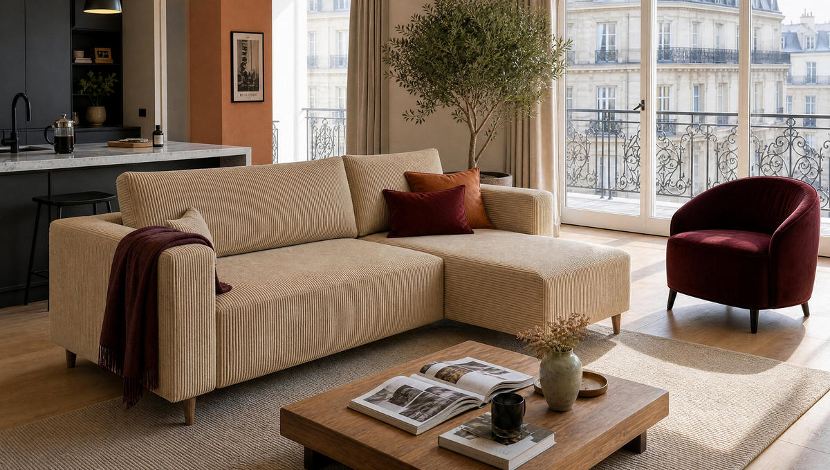 ECKSOFA mit Schlaffunktion und Bettkasten Rio, Ecksofa Cordstoff Beige, Ottomane Universal, 249x142 cm - Beige, Textil (249/142cm) - Marpur