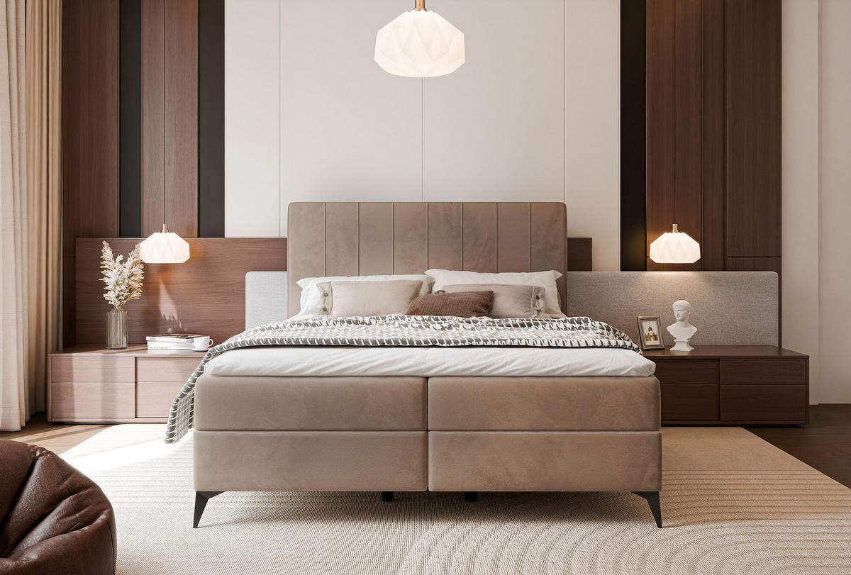 BOXBETT VERA 120x200 cm mit Matratze und Topper, Dichter wasserabweisender Samt Hellbraun - Hellbraun, Textil (120/200cm) - Idohome