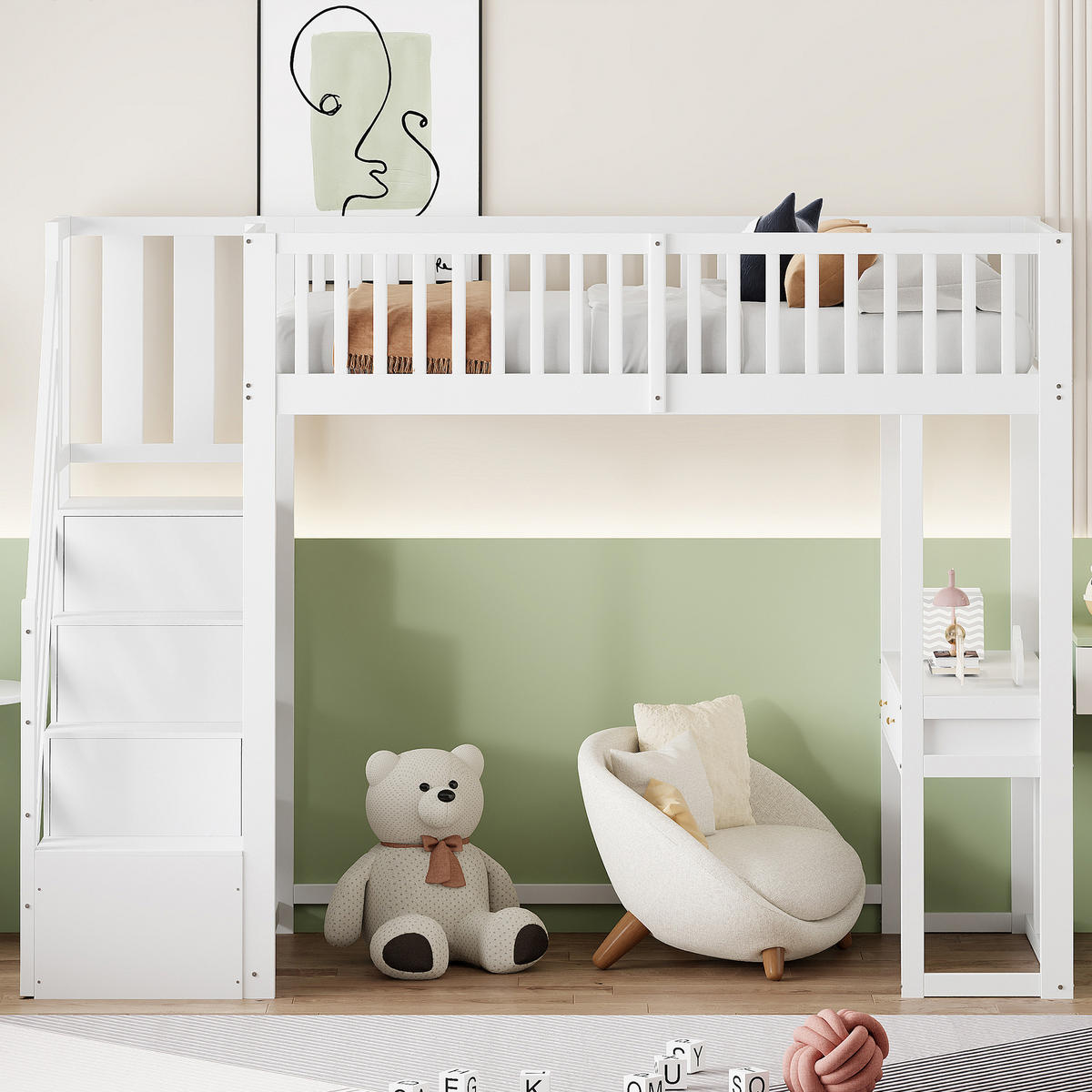 HOCHBETT 90/200 cm DE-01182, in Weiß, mit Tisch und Stauraum-Treppe - Weiß, Holz (90/200cm) - ComfortXL