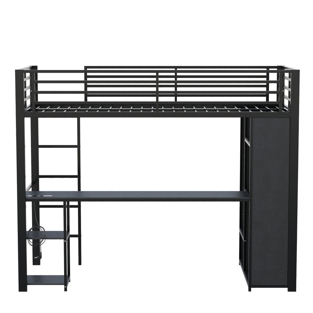 HOCHBETT MDF+Metall 90x200 cm Schwarz mit Schreibtisch, LED-Lichtleiste und offenem Stauraum - Schwarz, Holzwerkstoff (90/200cm) - Modfu