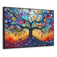 LEINWAND Bilder mit Rahmen - Kunst - Baum des Lebens - Blumen - Hippie - 120x80 - Dunkelblau, Textil (120/80cm) - MuchoWow