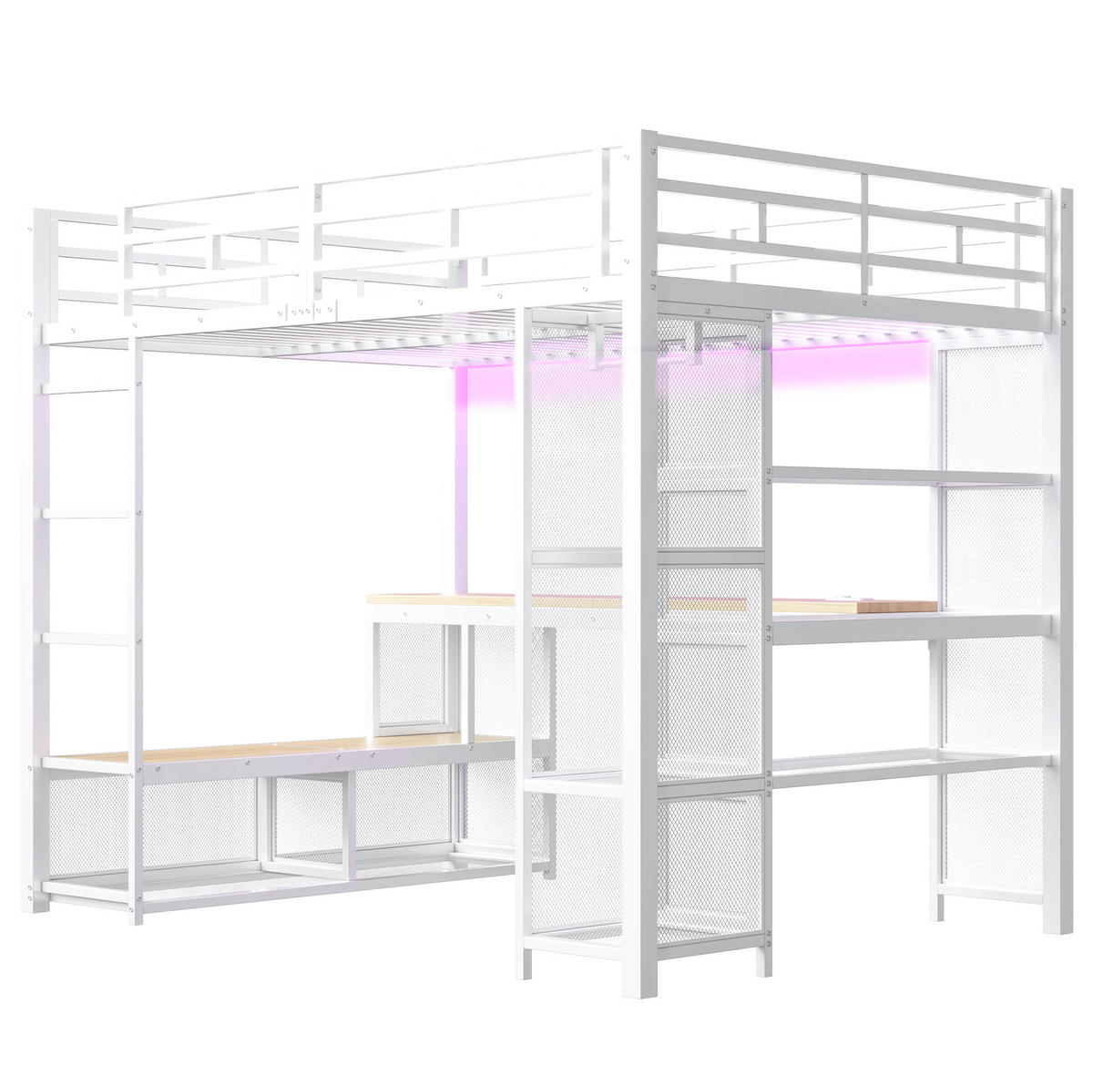 HOCHBETT 140/200 cm weiß aus Metall und MDF mit Schreibtisch, Kleiderschrank, USB und LED - Weiß, Holzwerkstoff (140/200cm) - OKWISH