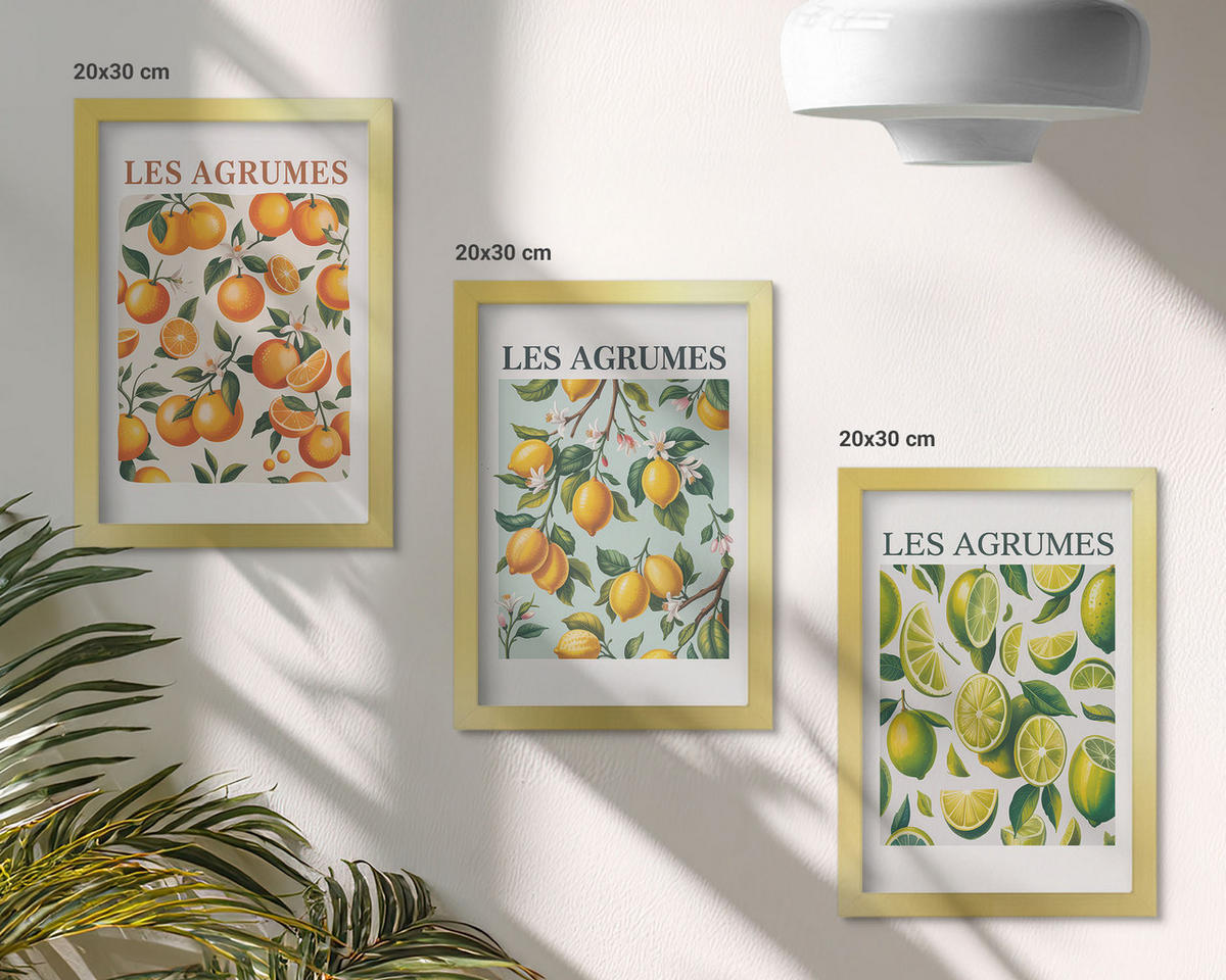 WANDBILDER 3er Set - 20x30 cm Goldrahmen - Fruchtige Zitrus-Pastellmuster - Goldfarben, Kunststoff (20/30cm) - ArtPrintCave
