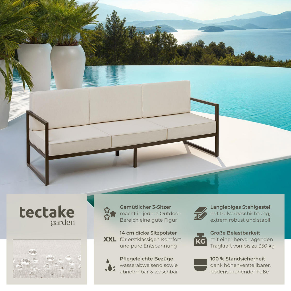 GARTEN-LOUNGESOFA Comosa,210 x 78 x 85 cm,braun/beige - Beige/Braun, Kunststoff (210/85/78cm) - tectake