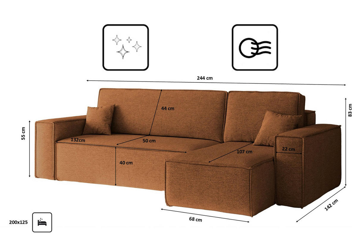 ECKSOFA, Best L-Form, Stoff Neve, Kupfer, Rechts - Orange, Holz (244/142cm) - Kaiser Möbel