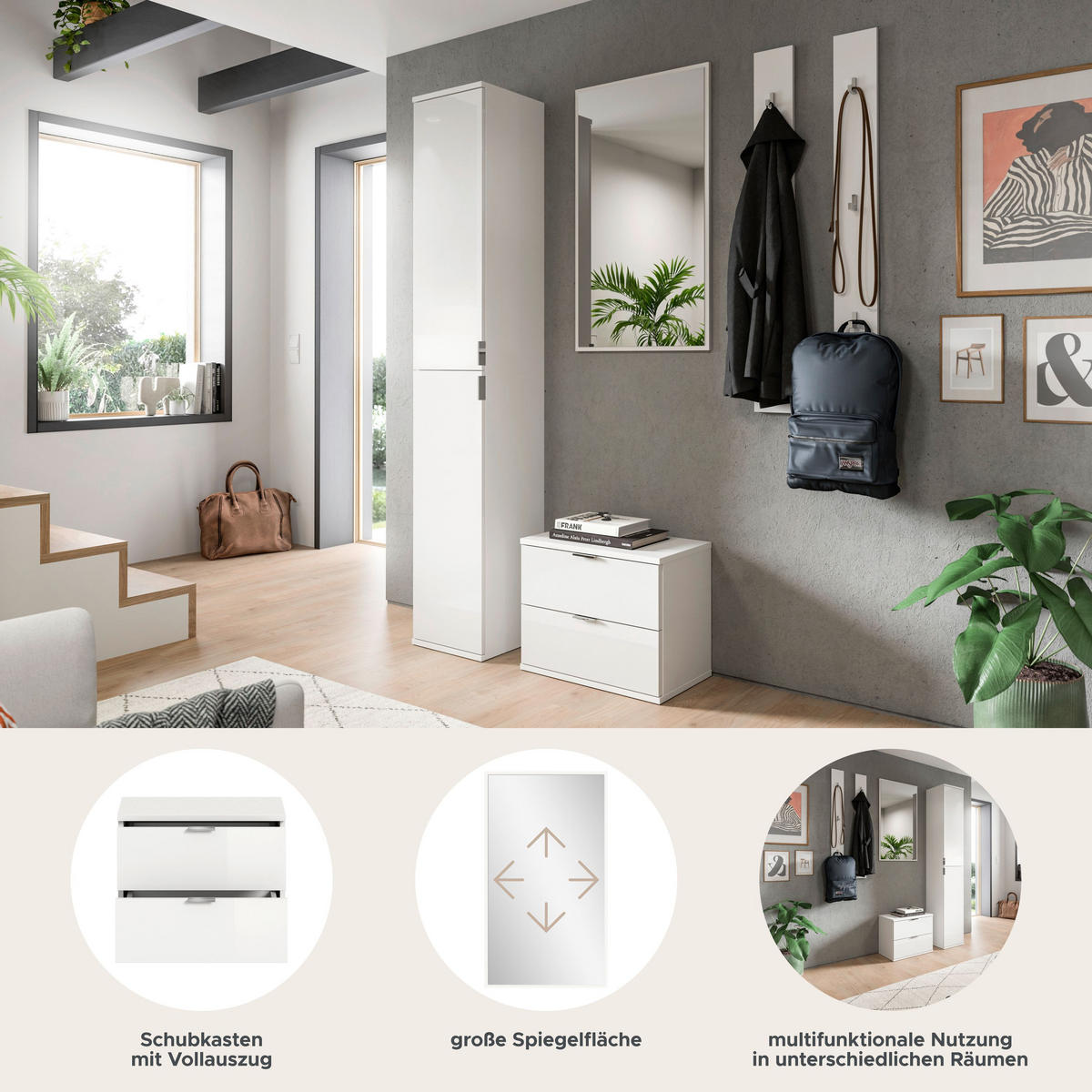 GARDEROBENKOMBINATION 5tlg. Projekt X Garderobe in weiß Nb. und weiß hochglanz B/H/T: 148x193x34 cm - Weiß, Holzwerkstoff (148/191/37cm)