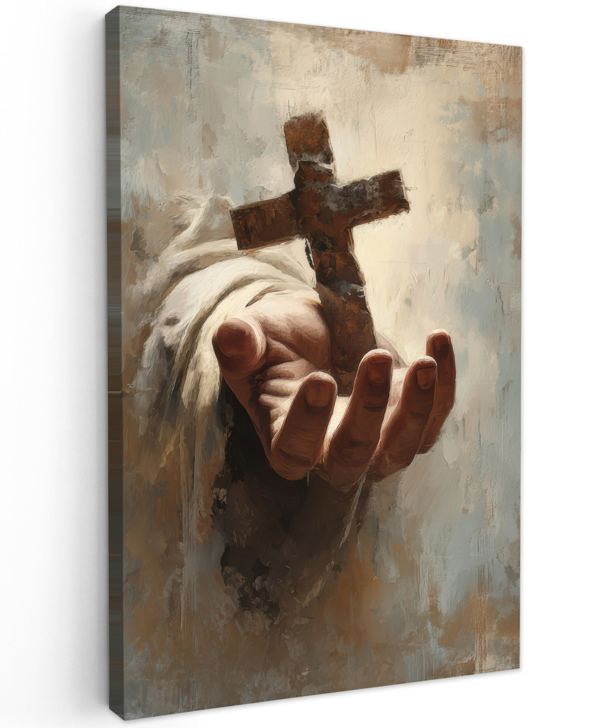 LEINWANDBILD Abstrakt - Kreuz - Hand - Christentum Deko Groß 90x140 cm - Hellbraun, Textil (90/140cm) - MuchoWow