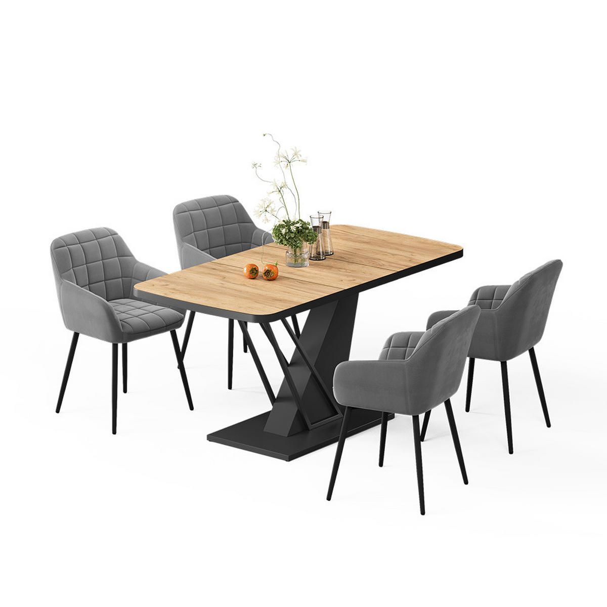 JEDILNA MIZA Fenaro, Zlati hrast z močjo/Črna, 120 x 80 cm s 4 jedilnimi stoli - črna/barve hrasta, leseni material (120/76/80cm) - Vicco