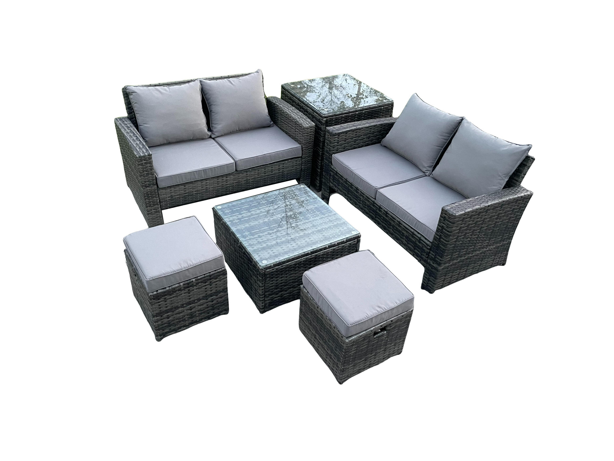 GARTENMÖBELSET mit 2 kleinen Hockern Polyrattan Dunkelgrau 7-Sitzer - Dunkelgrau, Metall - Fimous