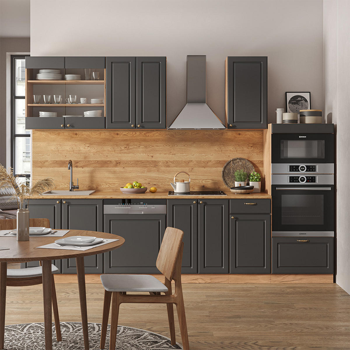 KÜCHENZEILE Fame-Line Anthrazit Landhaus/Goldkraft Eiche 300 cm AP Marmor - Dunkelgrau/Eiche Wotan, Holzwerkstoff (300/81.6/60cm) - Vicco