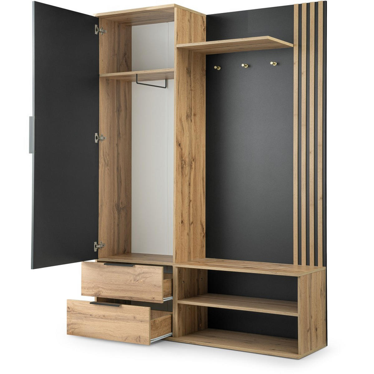 GARDEROBENSCHRANK Luno mit Spiegel und 2 Schubladen, eiche Wotan - Eiche Wotan/Schwarz, Holzwerkstoff (140/200/40cm) - Beautysofa