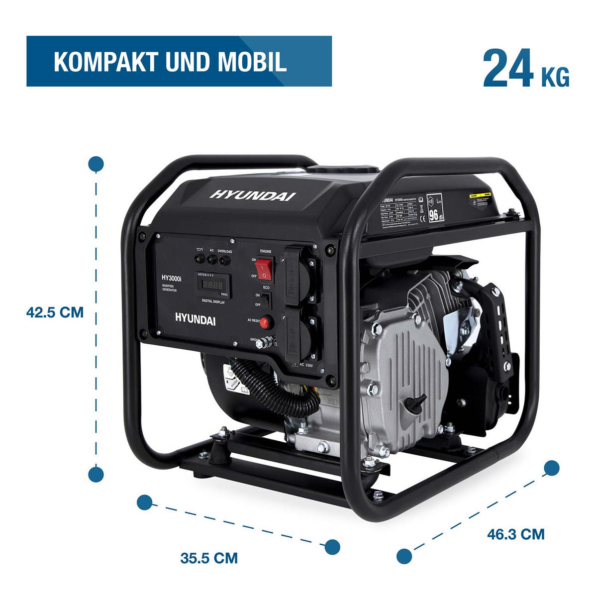 INVERTER-GENERATOR HY3000i (3.0 kW, tragbar, 2 x 230V) - Schwarz, Metall (46.3/35.5/42.5cm) - HYUNDAI