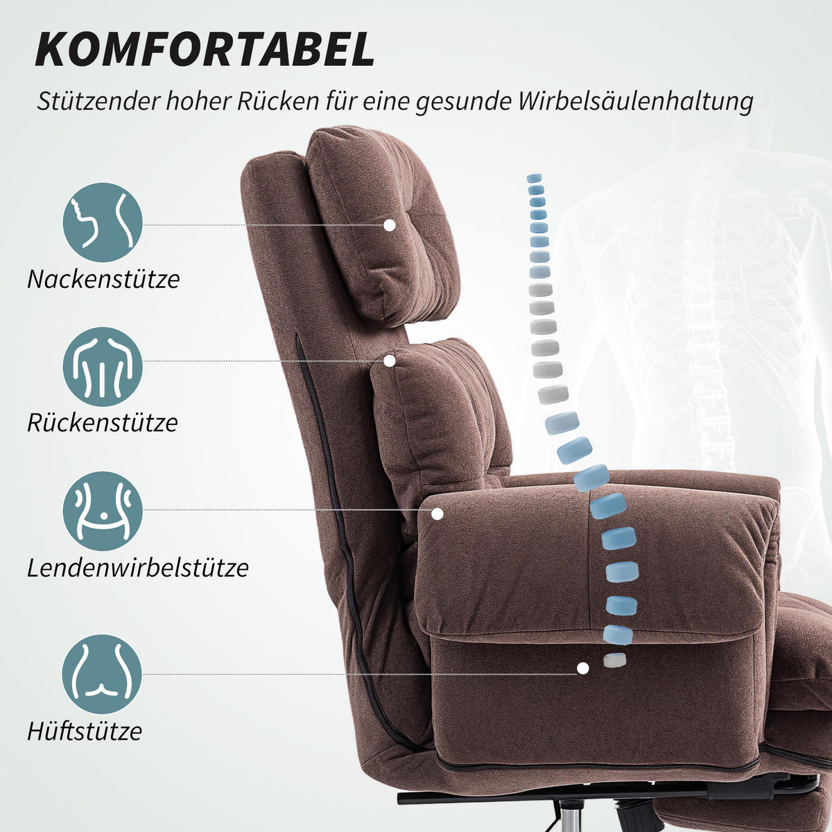 BÜROSTUHL, Ergonomischer Schreibtischstuhl mit Armlehne, Fußstütze, Kaffee - Schwarz/Braun, Textil/Metall (77/116/80cm) - HOMCOM