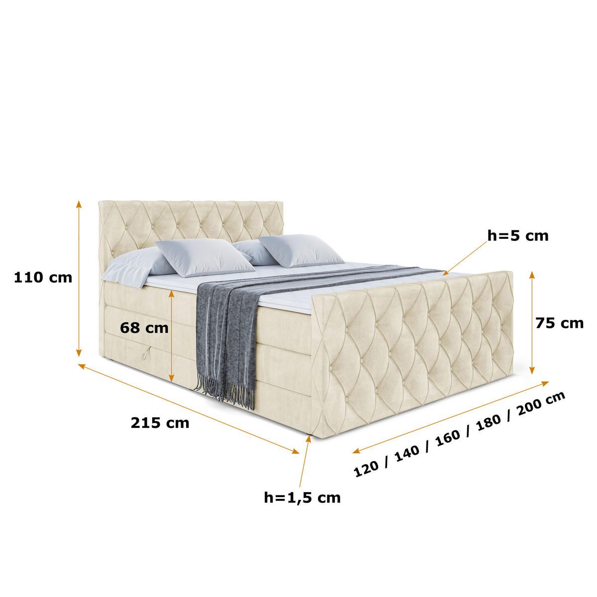 BOXSPRINGBETT AMAY-Z KING - 200x200 - H3/H4 - Beige - Beige, Holzwerkstoff (200/200cm) - ALTDECOR