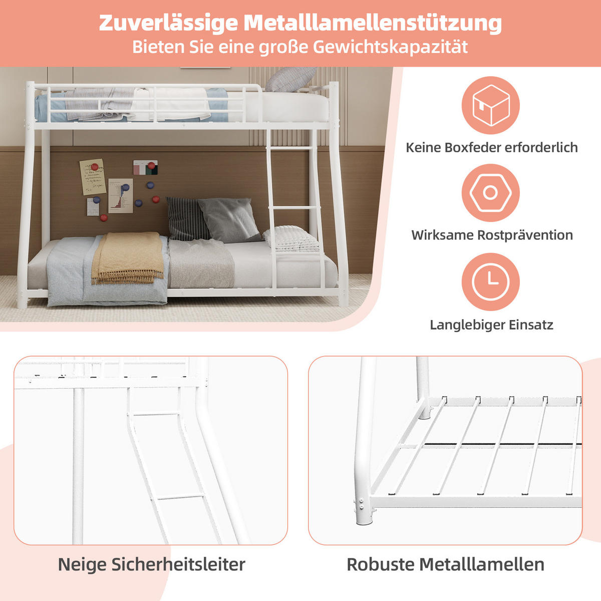ETAGENBETT Metall Schwarz - Weiß, Metall (140/190cm) - ComfortXL