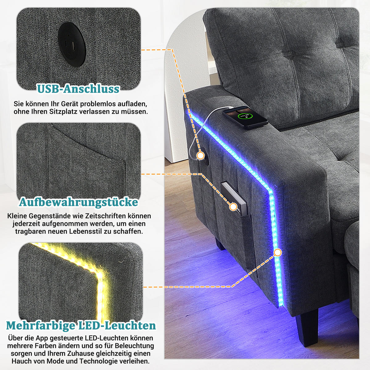 SCHLAFSOFA 185/135/85 cm Antikgrau mit beweglicher Fußbank und LED-Ambiente-Beleuchtung - Dunkelgrau, Textil (185/85/135cm) - Oxeza