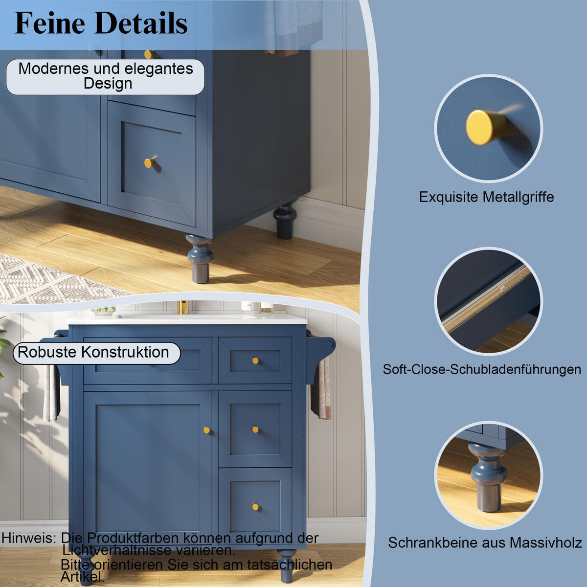 WASCHTISCH Keramik Waschbecken Schubladen Handtuchhalter 86cm - Blau, Holzwerkstoff (99.5/86/45cm) - FLIEKS