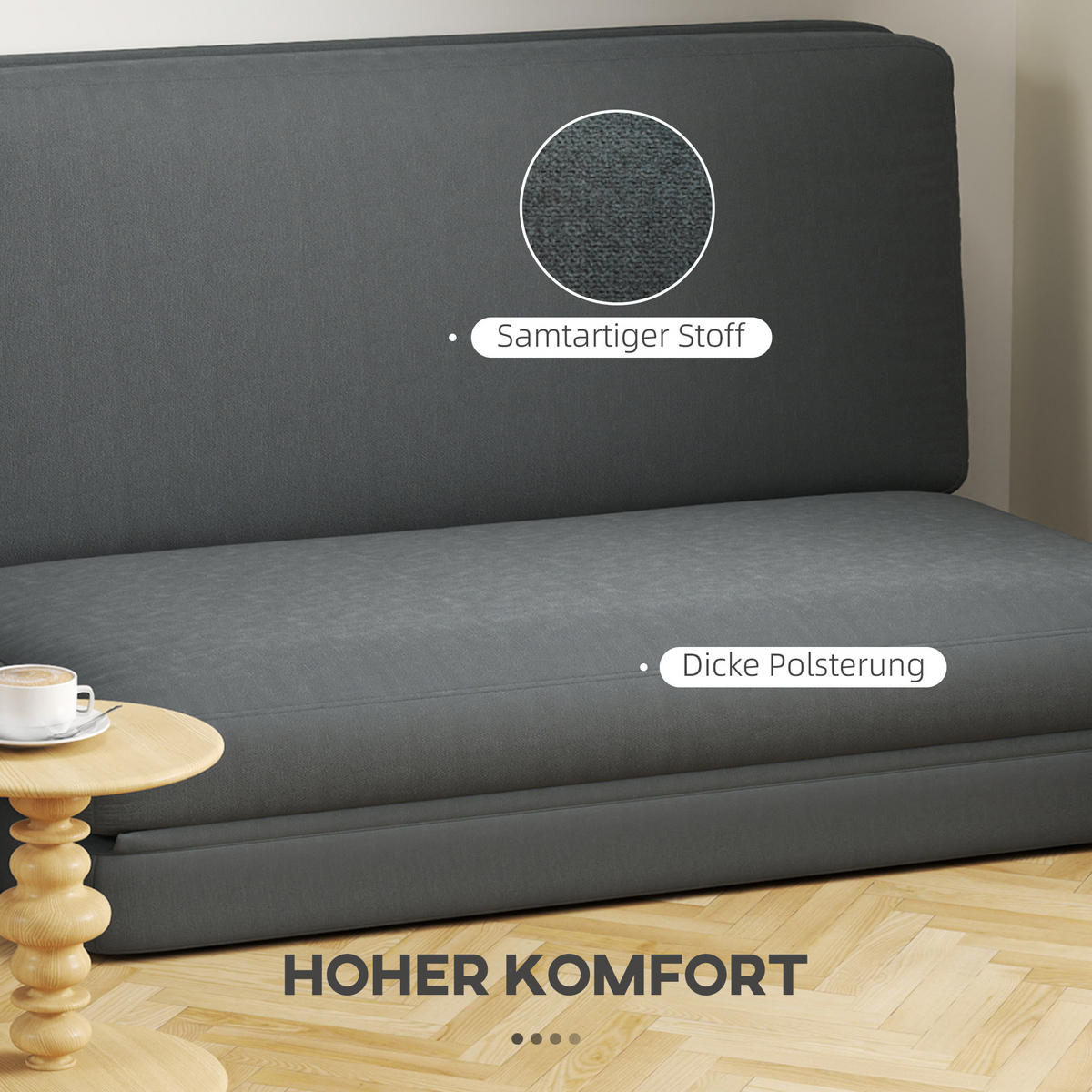 BODENSOFA 3-in-1 Klappbar Schlafsofa mit Samtoptik für Schlafzimmer, Wohnzimmer - Dunkelgrau, Textil (138/10/270cm) - HOMCOM