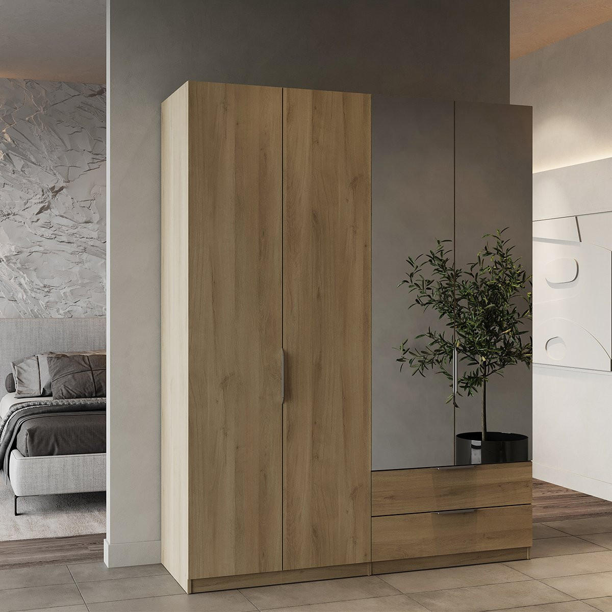 KLEIDERSCHRANK mit 4 Türen, 2 Schubladen und 2 Spiegeln Ghost - L157,3 cm - Sonoma Eiche, Holzwerkstoff (51.1/203/157.3cm) - Calicosy