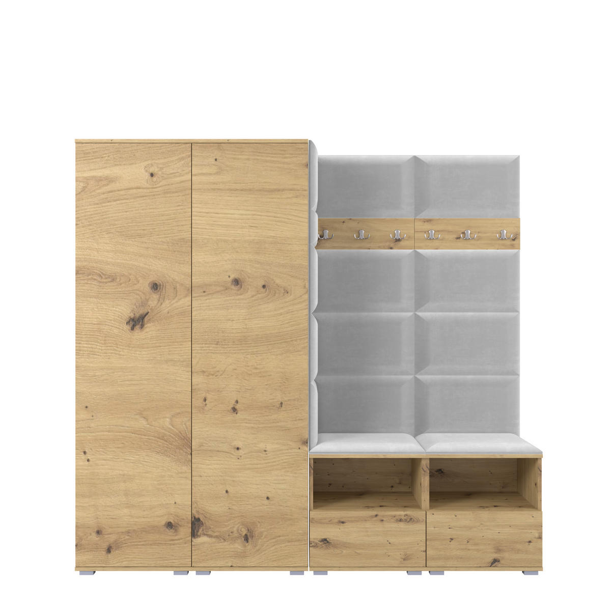 GARDEROBE NELA VI 200 cm (Kompaktgarderobe Artisan Eiche mit Sitzpolster Hellgrau 32 Schrank & Paneel) - Silberfarben/Hellgrau, Holz/Holzwerkstoff (200/187/40cm) - Ravio