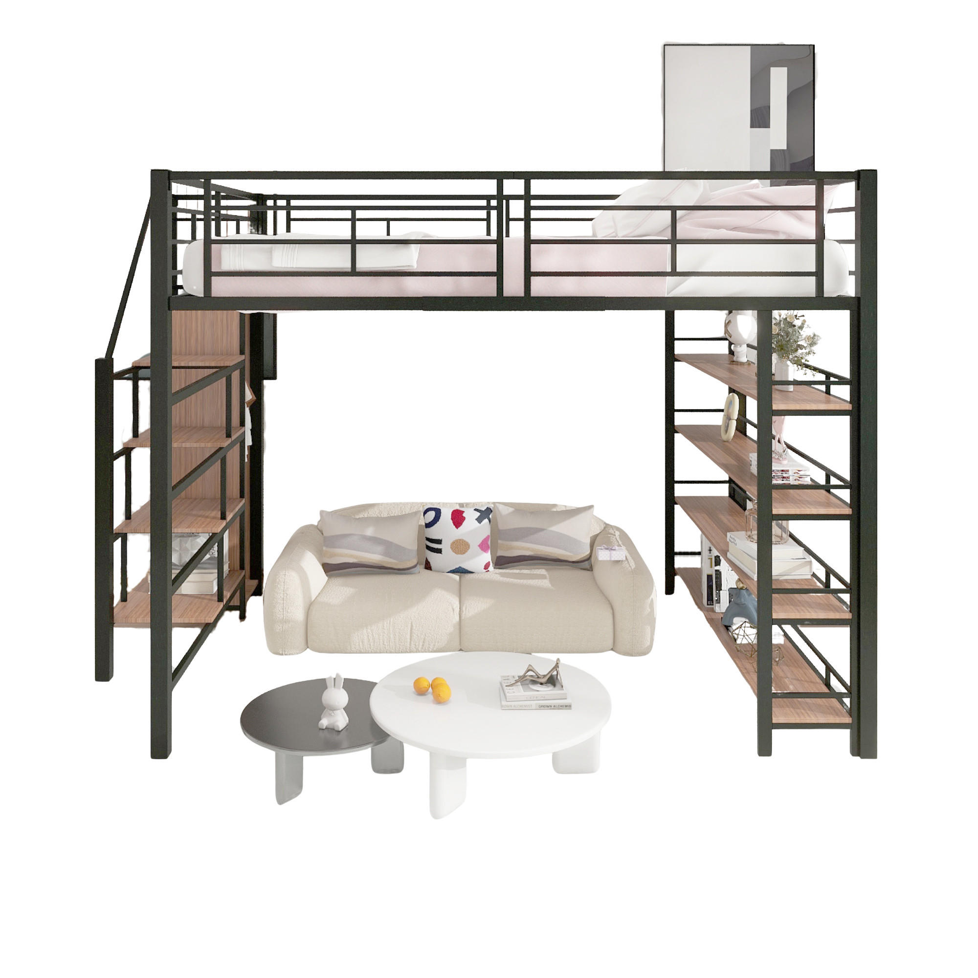 HOCHBETT 140/200 cm schwarz mit Stauraumtreppe und hohem Zaun - Schwarz, Metall (140/200cm) - OKWISH