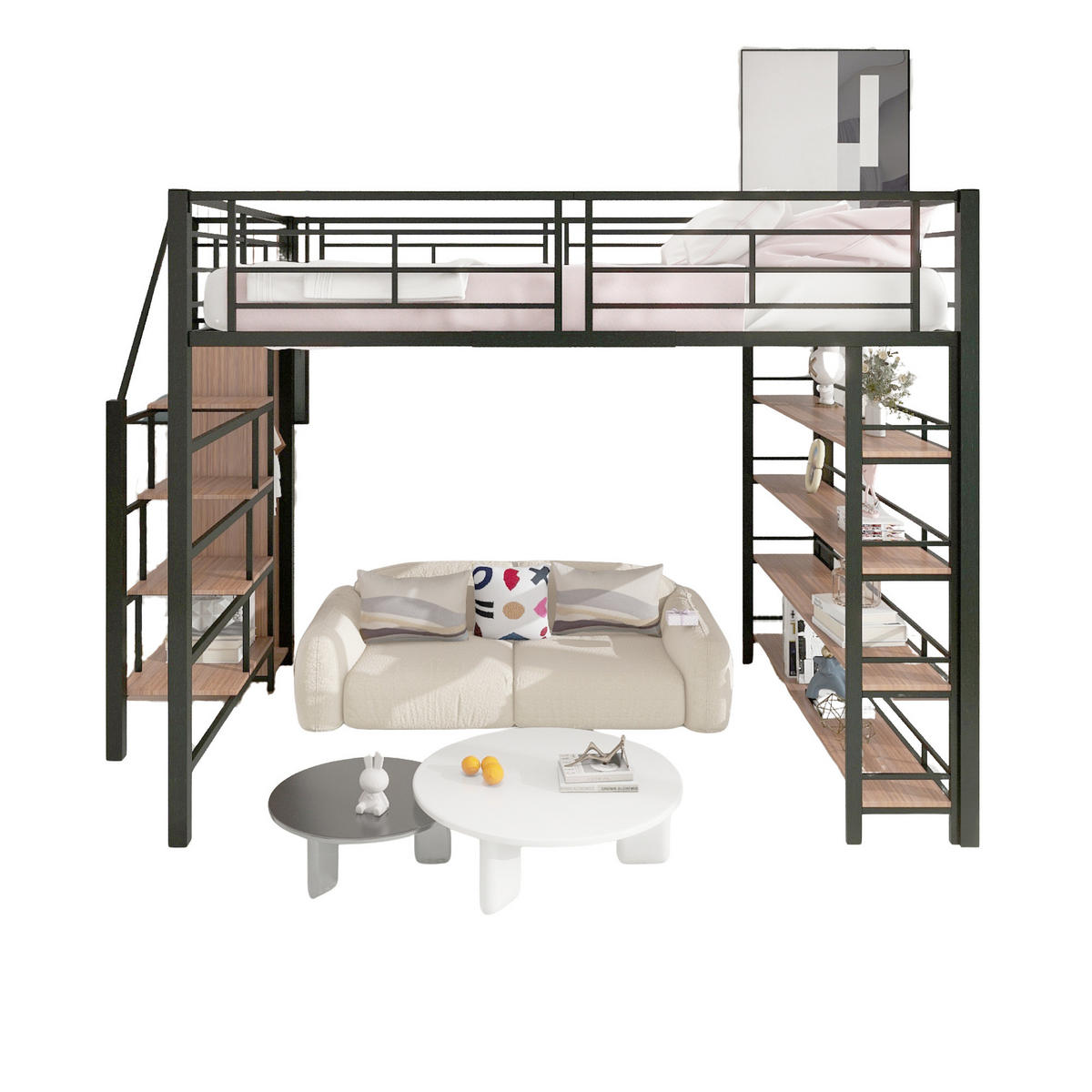 HOCHBETT 140/200 cm schwarz mit Stauraumtreppe und hohem Zaun - Schwarz, Metall (140/200cm) - OKWISH