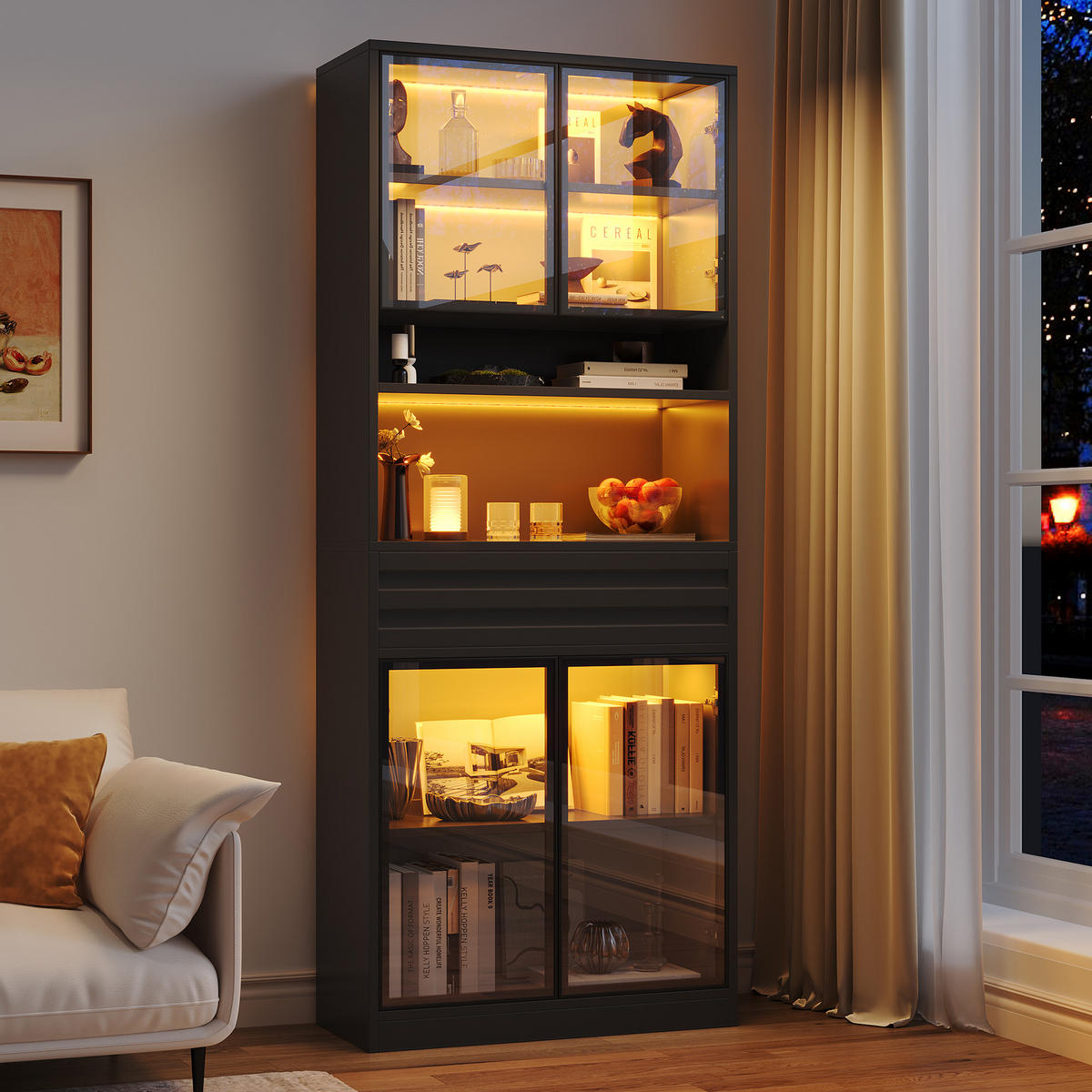 VITRINE 80x35x200 cm Schwarz mit RGB LED und 4 Glastüren - Schwarz, Holzwerkstoff (80/200/35cm) - FLIEKS
