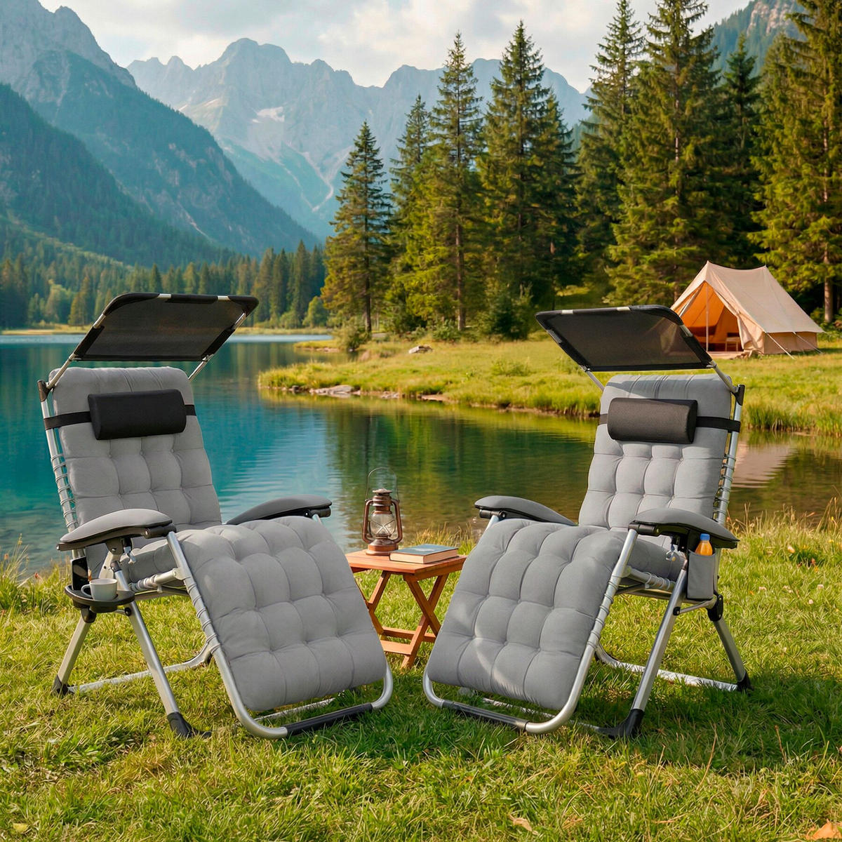 SONNENLIEGE 2er Set Cloud II, mit Ablagetisch und Stautasche, hellgrau - Hellgrau, Kunststoff (84/103/168cm) - tectake