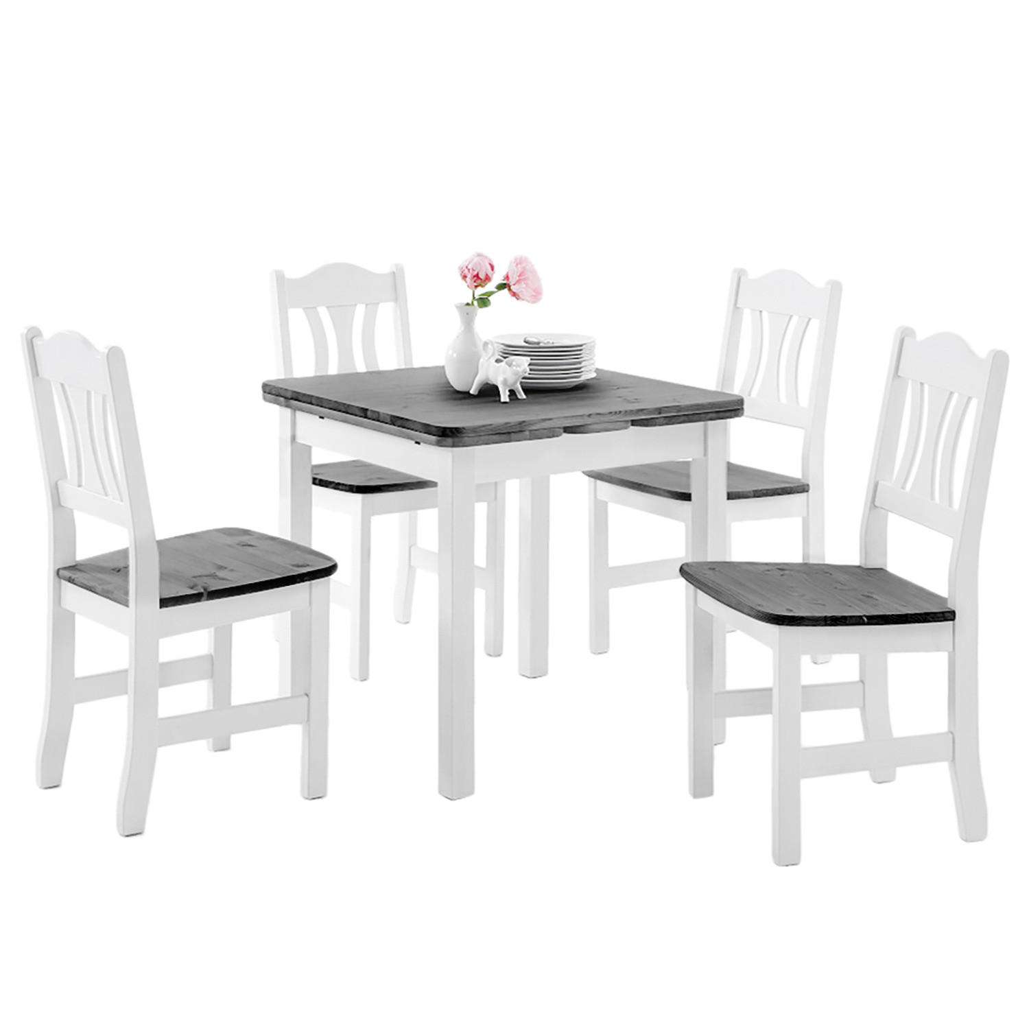 ESSGRUPPE - 5-teilig - Kiefer massiv - Weiß/Kieferfarben, Holz (77/77/74cm) - home24