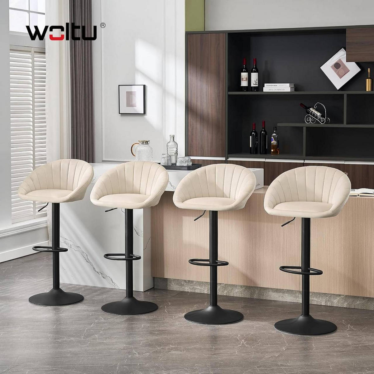 BARHOCKER mit Rückenlehne, Samt, Beige - Beige/Schwarz, Textil/Metall (53/83/45cm) - Woltu