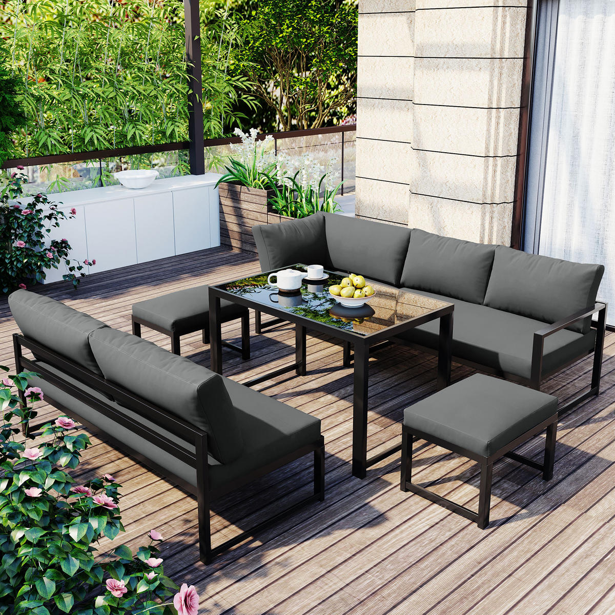 GARTENLOUNGE-SET mit Liegefunktion,Gartenmöbel-Set mit verstellbarer Rückenlehne,grau - Dunkelgrau/Schwarz, Textil/Metall - STILVORA