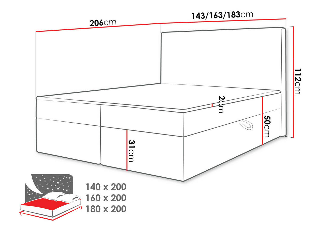 BOXBETT Wokio - H3 - Schwarz/Grau, Holzwerkstoff/Kunststoff (180/200cm) - MIRJAN24