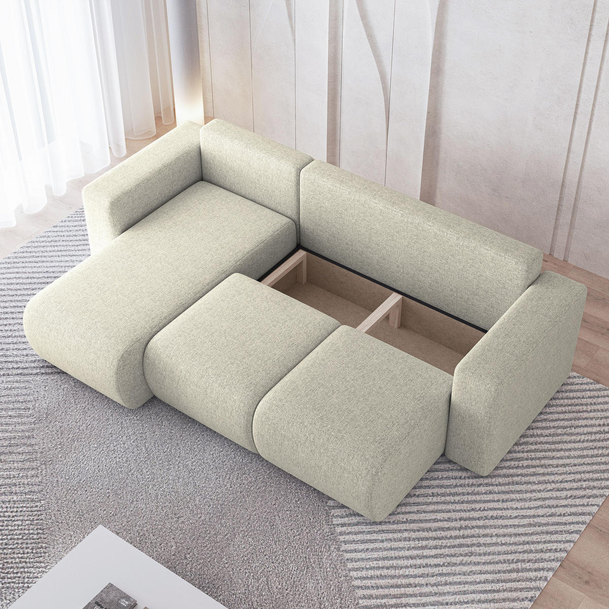 ECKSOFA RINOVA Creme Geflochtener Stoff mit Schlaffunktion - Creme, Holz (250/143cm) - MASSENO