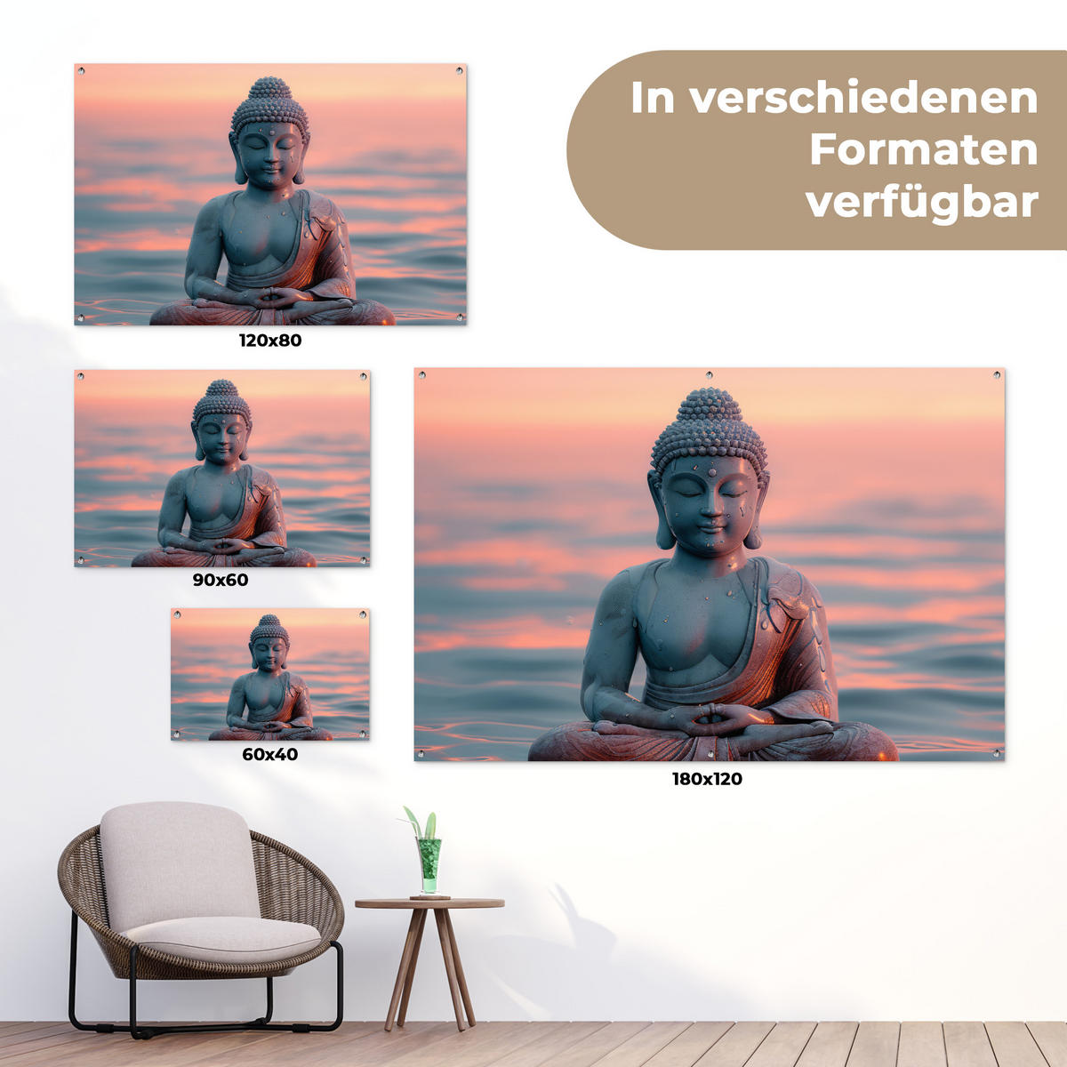 ZAHRADNÍ PLAKÁT Buddha - Socha - Buddha - Voda - Umění - Buddha 180x120 cm - šedohnědá, plast (180/120/0.2cm) - OnlyWow
