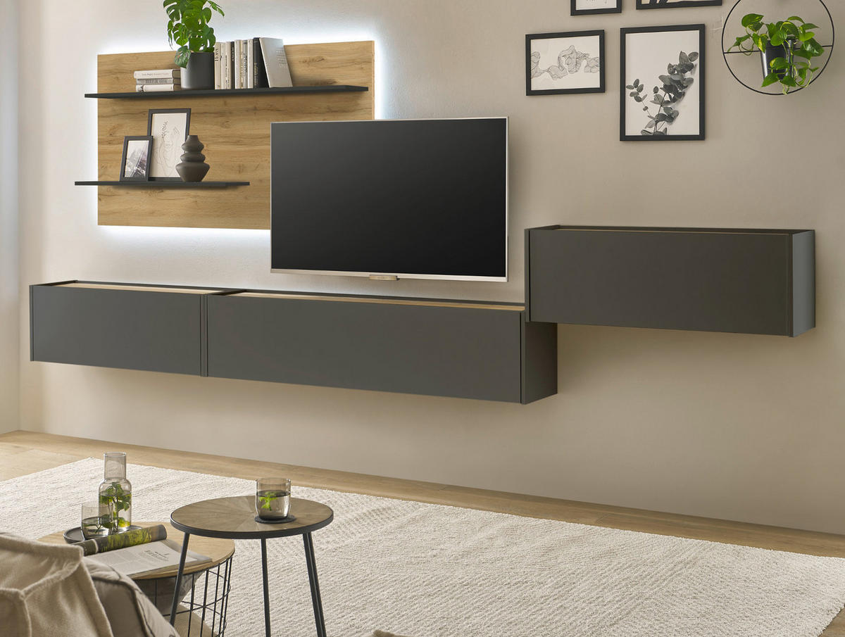 WOHNWAND grau matt, Eiche Wotan 470 cm, Schrankwand mit Sekretär - Eiche Wotan/Grau, Holzwerkstoff/Kunststoff (470/180/40cm) - Furn.Design