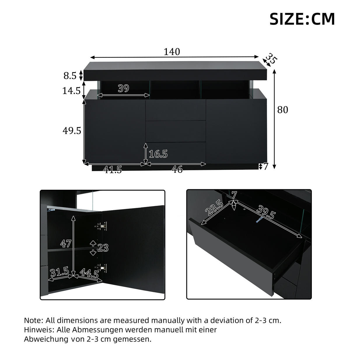 SIDEBOARD 140/35/80 cm schwarz aus Spanplatte mit LED-Beleuchtung - Schwarz, Holzwerkstoff (35/80/140cm) - OKWISH