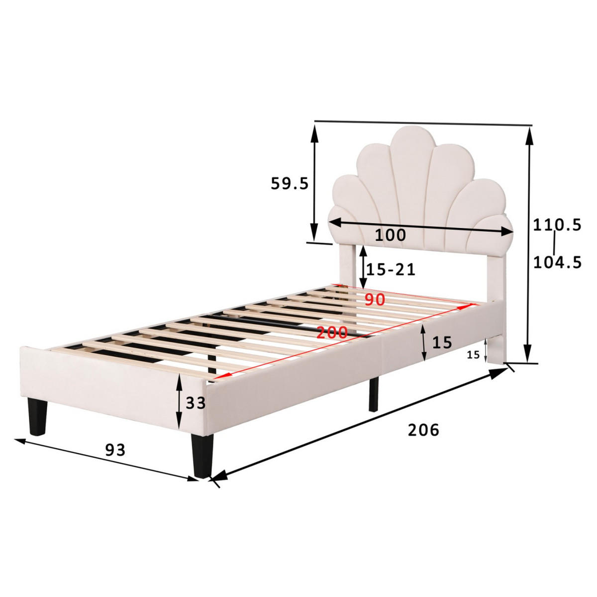 EINZELBETT 90x200 cm aus Samt in Beige, luxuriöses Kinderbett in Muschel-Optik, weiches Jugend-Polsterbett mit Lattenrost - Beige, Holzwerkstoff (90/200cm) - Brevoria