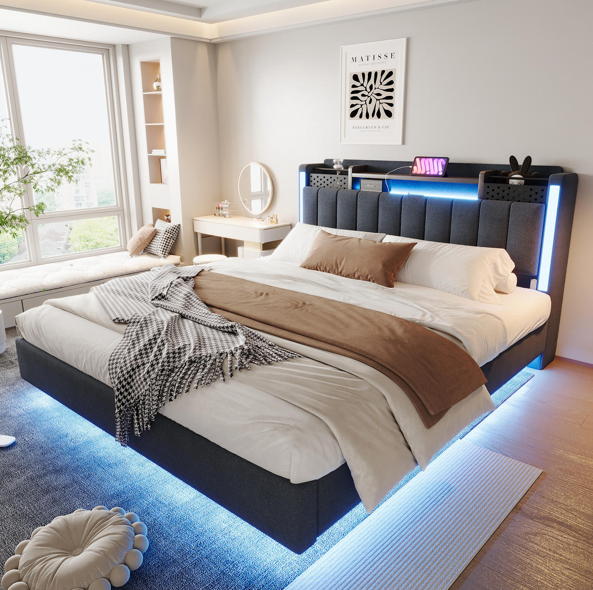 ČALÚNENÁ posteľ 160/200 cm s LED osvetlením, USB nabíjaním a úložným čelom, Sivá - sivá, textil (160/200cm) - Redom