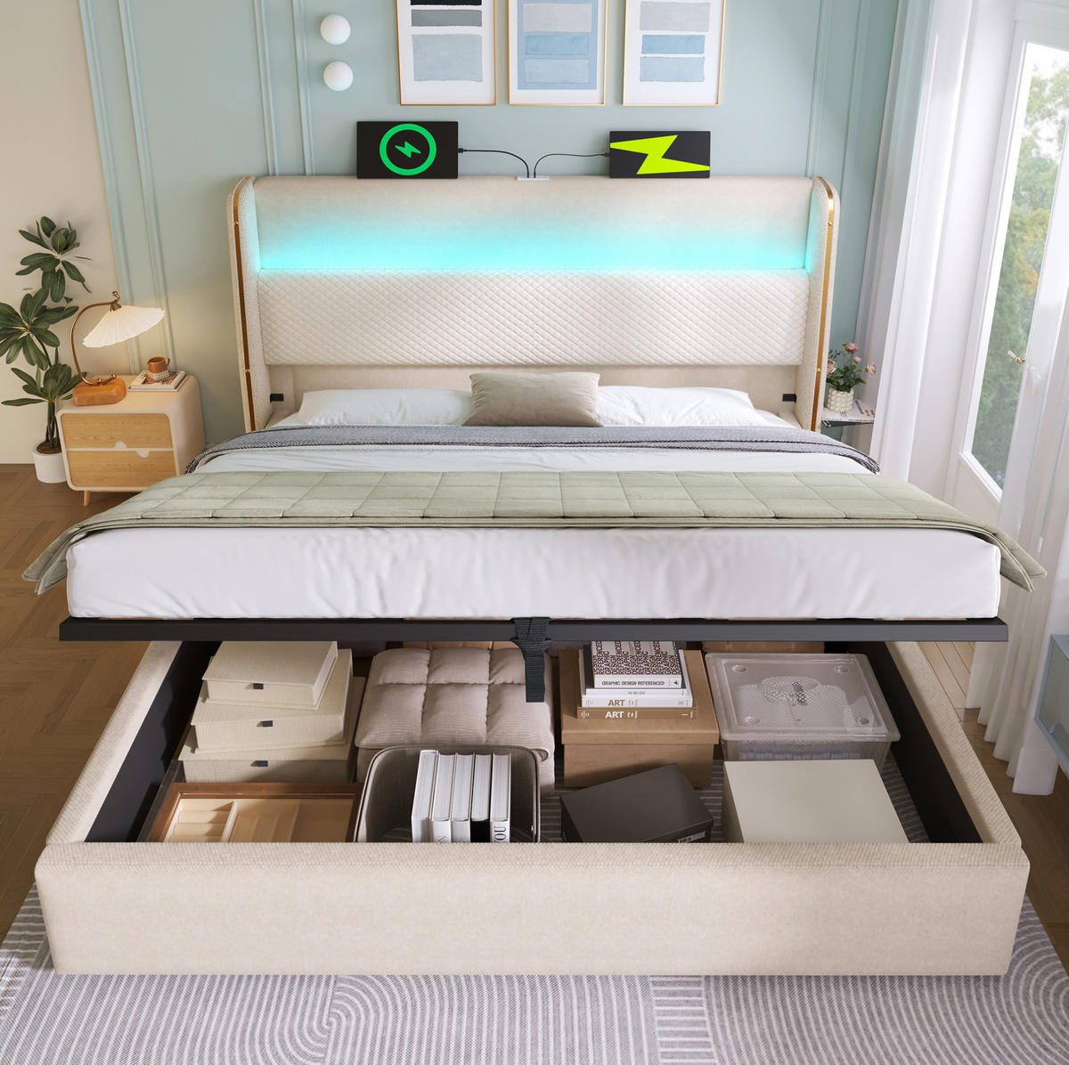 POLSTERBETT 180/200 cm mit hydraulischem Bettkasten, LED-Kopfteil & USB/Type-C, Beige - Beige, Textil (180/200cm) - Redom
