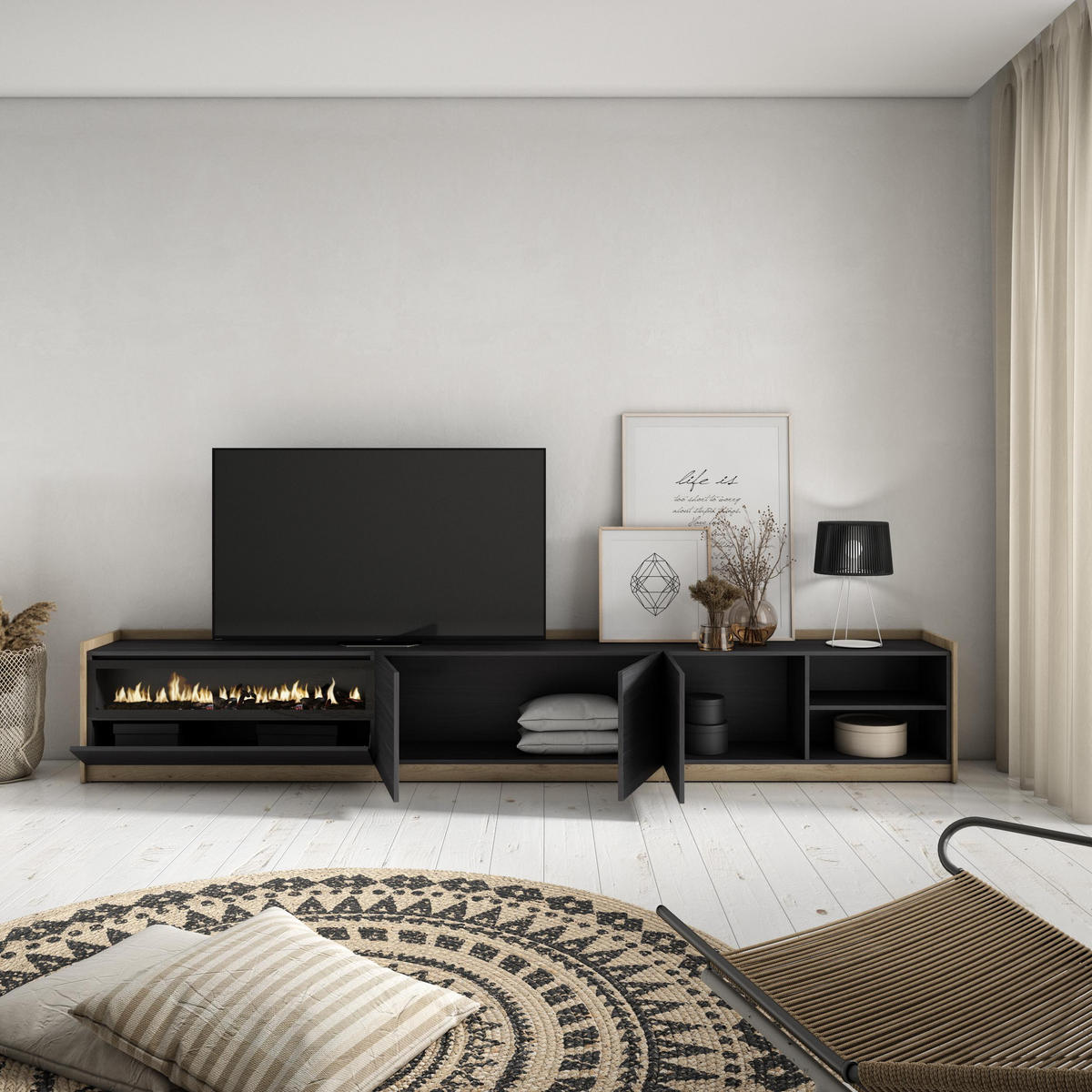 TV-SCHRANK, Lowboard, Schwarz Eiche, Elektrokamin, 310/37/50cm - Schwarz, Holzwerkstoff (310/50/37cm) - Skraut Home