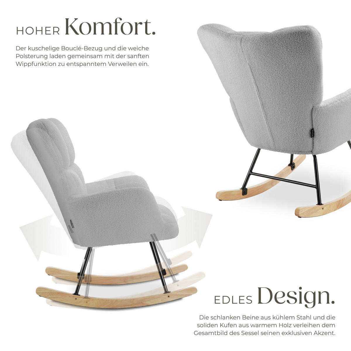 SCHAUKELSTUHL Torve,68 x 96 x 97 cm, Belastbarkeit 120 kg,Bouclé hellgrau - Hellgrau, Kunststoff (70/97/96cm) - tectake