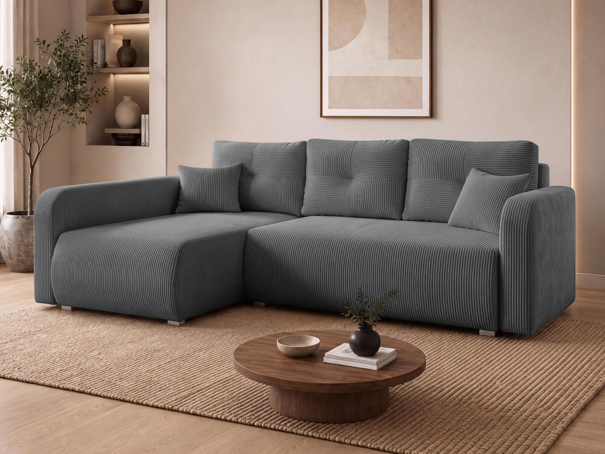ECKSOFA Viena Cord, Seite: Links - Silberfarben/Grau, Holz/Kunststoff (234/145cm) - MIRJAN24