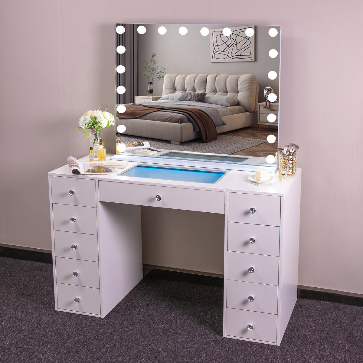 SCHMINKTISCH mit 11 Schubladen 130/55/81 CM und LED Beleuchtung Schminkspiegel 100 x 80 CM - Weiß, Holz/Metall (130/81/55cm) - VANITII